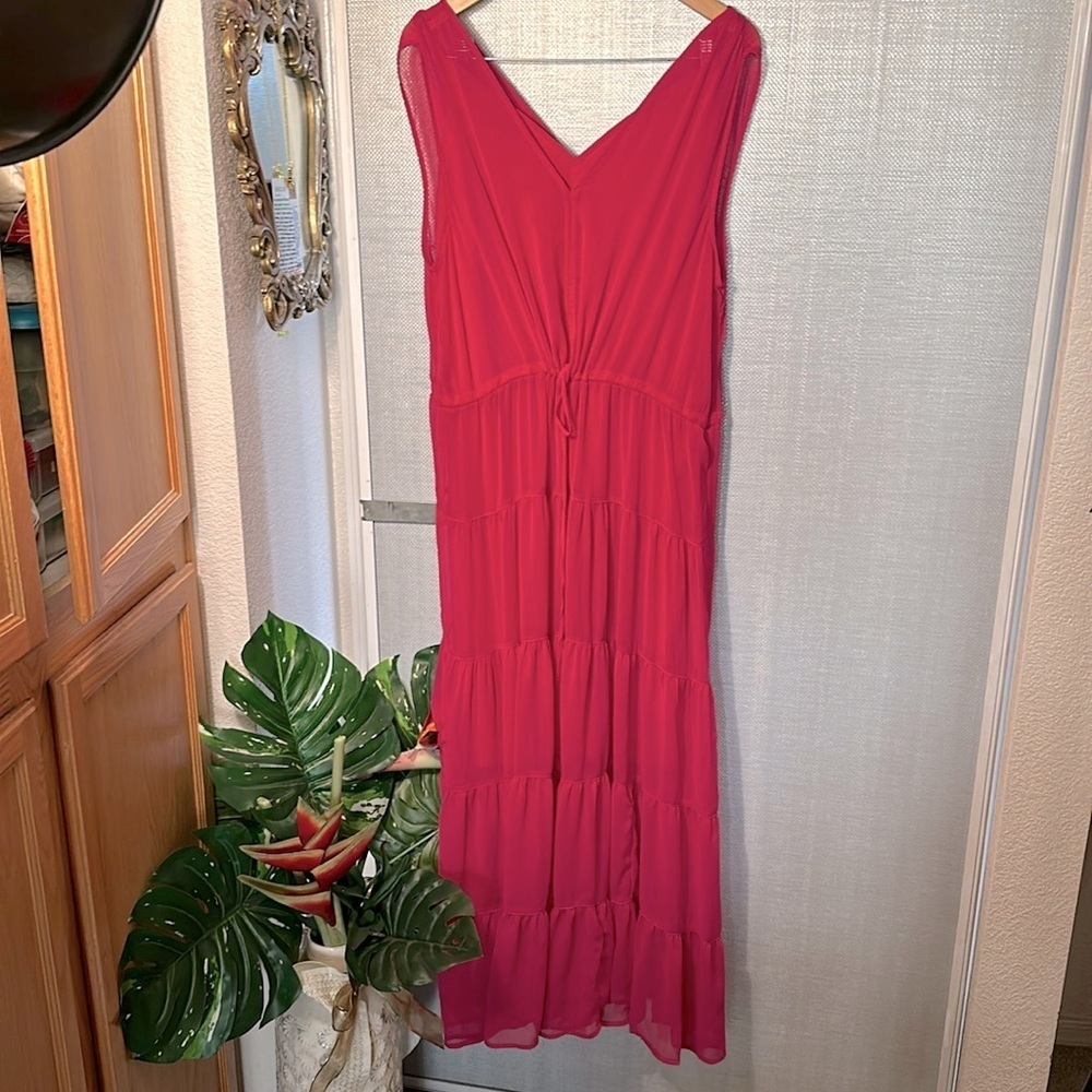 DKNY vibrant Pink Maxi lined tie v-neck crepy drape flowy dress size L